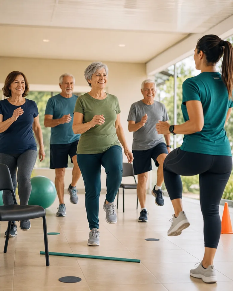 Turma de pessoas idosas participando de uma aula em um espaço simples