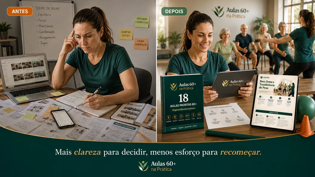 Antes e depois: professora sobrecarregada com anotações versus aula organizada com o material Aulas 60+ na Prática